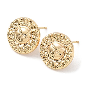 Brass Stud Earring Finding, with Vertical Loops, Flat Round with Sun, Real 18K Gold Plated, 14mm, Hole: 1.4mm, Pin: 0.7mm