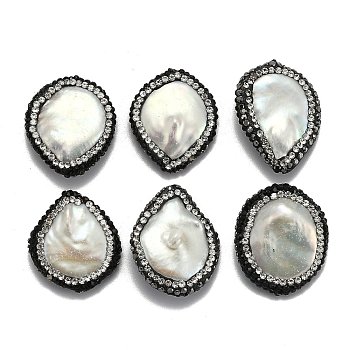 Natural Keshi Pearl Beads, Cultured Freshwater Pearl, with Polymer Clay Rhinestone, White, 23~26x21~25x6~7mm, Hole: 1mm
