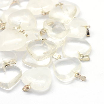 Heart Natural Crystal Pendants, with Platinum Tone Brass Findings, 20~22x20~21x5~8mm, Hole: 2x7mm