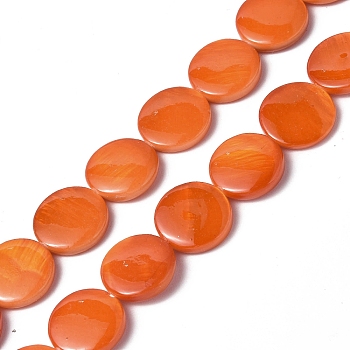 Spray Painted Natural Freshwater Shell Beads Strands, Flat Round, Orange, 12.5x3mm, Hole: 1mm, about 32pcs/strand, 15.63 inch(39.7cm)