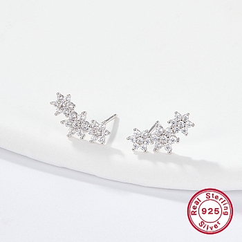Cubic Zirconia Flower Stud Earrings, Silver 925 Sterling Silver Post Earings, Clear, 12x5mm