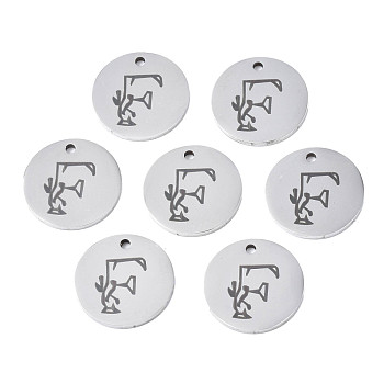 304 Stainless Steel Charms, Laser Cut, Designed Letter Engraved, Flat Round, Stainless Steel Color, Letter.F, 14x1mm, Hole: 1.2mm