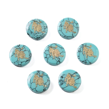 Synthetic Turquoise Beads, with Golden Tone Brass Slices, Flat Round with Constellations, Leo, 15x5mm, Hole: 1mm