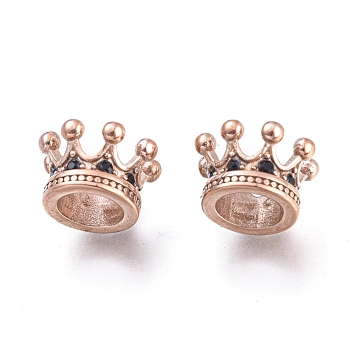 304 Stainless Steel European Beads, Large Hole Beads, with Cubic Zirconia Beads, Crown, Rose Gold, 11x7mm, Hole: 6mm