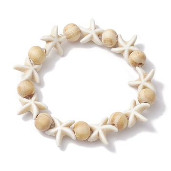Beach Starfish Dyed Synthetic Turquoise Stretch Bracelets, Summer Wood Beaded Kid Bracelets for Girls, Floral White, Inner Diameter: 1-3/4 inch(4.32~4.55cm), Bead: 7x8~8.5mm, Starfish: 14x14mm