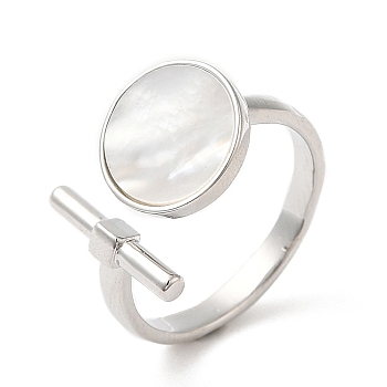 Natural Shell Flat Round & Column Open Cuff Ring, Brass Rings for Women, Real Platinum Plated, Inner Diameter: 17.8mm