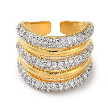 Rack Plating Brass Open Cuff Rings, Cubic Zirconia Wide Ring, Long-Lasting Plated, Lead Free & Cadmium Free, Real 18K Gold Plated, Inner Diameter: 17mm