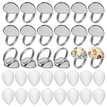 DIY Teardrop Cuff Ring Making Kits, including 304 Stainless Steel Pad Ring Setting, Glass Cabochons, Stainless Steel Color, Inner Diameter: 17mm, Tray: 18x13.5mm, 20pcs