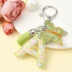 Resin & Acrylic Keychain, with Faux Suede Tassel Pendant & Alloy Findings, Letter A, 9.5cm(KEYC-YW00122-01)