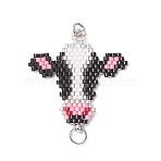 Glass Seed Beaded Links Connector Charms, Cow Head, with 304 Stainless Steel Jump Rings, Stainless Steel Color, White, 34.5x32x1.5mm, Hole: 3.5mm and 4.5mm(PALLOY-MZ01045)