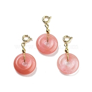 Cherry Quartz Glass Donut Pendant Decorations, Brass Clasp Charms Ornaments, 33~34mm(G-P537-04G-02)