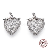 Rhodium Plated 925 Sterling Silver Micro Pave Cubic Zirconia Charms, with S925 Stamp, Strawberry Charms, Nickel Free, Real Platinum Plated, 12x9.5x6mm, Hole: 1.4mm(STER-T004-60P)