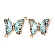 Brass Pave Faceted Glass Connector Charms, Golden Tone Butterfly Links, Pale Turquoise, 20x22x5mm, Hole: 1.2mm(X-FIND-Z020-04F)