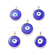 Handmade Evil Eye Lampwork Pendants, with Rack Plating Light Gold Tone Brass Findings, Long-Lasting Plated, Lead Free & Cadmium Free, Flat Round, Blue, 29.5~30x25.5~26x6.5mm, Hole: 5x4.5mm(LAMP-F031-03G-02)
