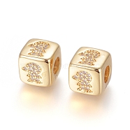 Brass Micro Pave Cubic Zirconia European Beads, Large Hole Beads, Long-Lasting Plated, Cube with Pattern, Clear, Golden, 9x9x9.5mm, Hole: 4.5mm(ZIRC-G162-14G-06)