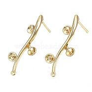 Brass Stud Earring Findings, for Half Drilled Bead, Nickel Free, Branch and Leaves, Real 18K Gold Plated, 25x10mm, Hole: 0.8mm, Pin: 0.7mm, Pin: 0.6mm(for half drilled beads)(X-KK-T062-66G-A-NF)