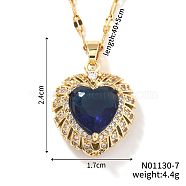 Brass Pave Cubic Zirconia Coffee Bean Chain Cute Heart Pendant Necklaces for Women, Golden, Blue, 15.75 inch(40cm)(IG3619-3)