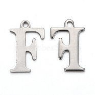 304 Stainless Steel Alphabet Charms, Stainless Steel Color, Letter.F, 12x8x1mm, Hole: 1mm(STAS-H122-F-P)