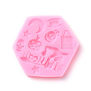 Halloween Theme Food Grade Silicone Molds, Fondant Molds, For DIY Cake Decoration, Chocolate, Candy, UV Resin & Epoxy Resin Jewelry Making, Hexagon with Mixed Shape, Pink, 90x84x10mm(DIY-P004-06)