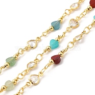 Heart Handmade Natural Gemstone Beaded Chains, Real 18K Gold Plated Brass Cubic Zirconia Chains, Soldered, with Spool, Cadmium Free & Lead Free, Gemstone: 16~17x4x2mm, Cubic Zirconia: 9x4x2mm(CHC-M024-19G)