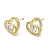 Cubic Zirconia Heart Stud Earrings, Brass Earrings for Women, Real 18K Gold Plated, 10.5x11mm(EJEW-G353-05G)