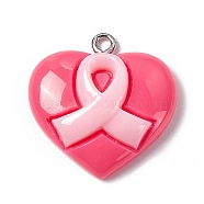Acrylic Pendants, with Platinum Tone Iron Loop, Heart with Breast Cancer Awareness Ribbon Charm, Deep Pink, 23.5x23.4x7mm, Hole: 2mm(MACR-C013-02B)