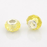 Faceted Glass European Beads, Large Hole Rondelle Beads, with Silver Color Plated Brass Cores, Champagne Yellow, 14x9mm, Hole: 5mm(GPDL-J026-15)