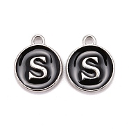 Platinum Plated Alloy Charms, Cadmium Free & Lead Free, with Enamel, Enamelled Sequins, Flat Round with Letter, Letter.S, 14x12x2mm, Hole: 1.5mm(ENAM-S118-02S-P)