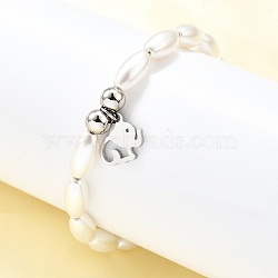 304 Stainless Steel Elephant Charm Bracelets for Women, with Plastic Imitation Pearl Beads, Stainless Steel Color, 7-1/8 inch(18cm)(BJEW-C098-13P)