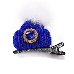 Christmas Party Hair Accessories, Knitted Hat Cloth Rhinestone Alligator Hair Clip, with Iron Clip, Blue, 48.6x50x14.7mm(AJEW-S088-09E)