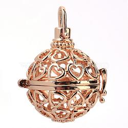 Rack Plating Brass Cage Pendants, For Chime Ball Pendant Necklaces Making, Hollow Round with Heart, Light Gold, 30x29x24mm, Hole: 5x6mm, inner measure: 19mm(KK-S751-013KC)