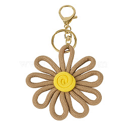 Polyester Flower Keychain, with Alloy Clasp and Iron Rings, Golden, Camel, 150mm(KEYC-TAC00065-01)