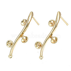 Brass Stud Earring Findings, for Half Drilled Bead, Nickel Free, Branch and Leaves, Real 18K Gold Plated, 25x10mm, Hole: 0.8mm, Pin: 0.7mm, Pin: 0.6mm(for half drilled beads)(X-KK-T062-66G-A-NF)