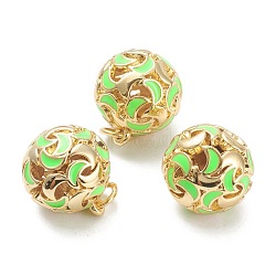 Brass Enamel Charms, with Jump Ring, Real 18K Gold Plated, Long-Lasting Plated, Round with Moon, Light Green, 14x12.5mm, Jump Ring: 5x1mm, Hole: 3mm(KK-A153-01G-C)