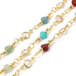 Heart Handmade Natural Gemstone Beaded Chains, Real 18K Gold Plated Brass Cubic Zirconia Chains, Soldered, with Spool, Cadmium Free & Lead Free, Gemstone: 16~17x4x2mm, Cubic Zirconia: 9x4x2mm(CHC-M024-19G)