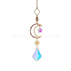 Glass & Brass Moon Star Pendant Decorations, Hanging Suncatchers, with Chips Artificial Agate, for Home Decoration, Flamingo, 370mm(HJEW-PW0002-06A)