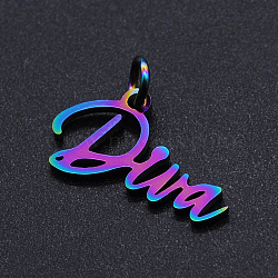 Ion Plating(IP) 201 Stainless Steel Pendants, with Jump Rings, Word Diva, Rainbow Color, 11x19x1mm, Hole: 3mm(STAS-N090-T866)