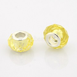 Faceted Glass European Beads, Large Hole Rondelle Beads, with Silver Color Plated Brass Cores, Champagne Yellow, 14x9mm, Hole: 5mm(GPDL-J026-15)
