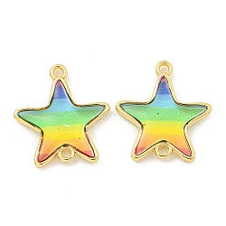 Rack Plating Brass Pave Rainbow Color Resin Connector Charms, Real 18K Gold Plated, Cadmium Free & Lead Free, Star, 18.5x16.5x3mm, Hole: 1.4mm(KK-M290-03A-G)