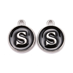 Platinum Plated Alloy Charms, Cadmium Free & Lead Free, with Enamel, Enamelled Sequins, Flat Round with Letter, Letter.S, 14x12x2mm, Hole: 1.5mm(ENAM-S118-02S-P)