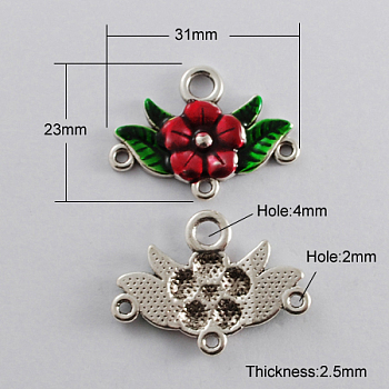Alloy Enamel Chandelier Component Links, Cadmium Free & Lead Free, Antique Silver Metal Color, Flower, Red, 23x31x2.5mm, Hole: 2~4mm