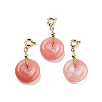 Cherry Quartz Glass Donut Pendant Decorations, Brass Clasp Charms Ornaments, 33~34mm