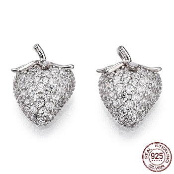 Rhodium Plated 925 Sterling Silver Micro Pave Cubic Zirconia Charms, with S925 Stamp, Strawberry Charms, Nickel Free, Real Platinum Plated, 12x9.5x6mm, Hole: 1.4mm