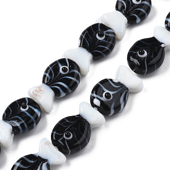Handmade Lampwork Beads Strands, Fish, Black, 19~20x12.5x9mm, Hole: 0.8mm, about 25pcs/strand, 18.90 inch(48cm)