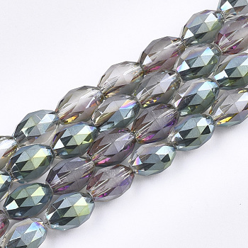 Electroplated Glass Beads Strands, Frosted, Faceted, Oval, Medium Aquamarine, 8x6mm, Hole: 1.2mm, about 70pcs/strand, 22.8 inch
