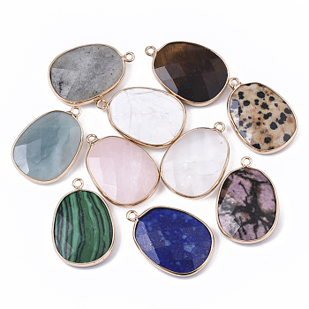 Natural & Synthetic Gemstone Pendants, with Golden Plated Edge Brass Findings, Nickel Free, Faceted, Oval, 25~26x17~18x5mm, Hole: 1.4mm