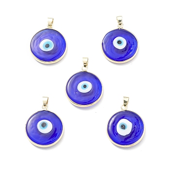 Handmade Evil Eye Lampwork Pendants, with Rack Plating Light Gold Tone Brass Findings, Long-Lasting Plated, Lead Free & Cadmium Free, Flat Round, Blue, 29.5~30x25.5~26x6.5mm, Hole: 5x4.5mm