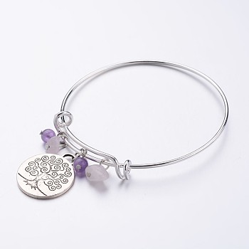 Brass Expandable Charm Bangles, Amethyst, with Tibetan Style Tree of Life Pendants, 69mm(2-3/4 inch)