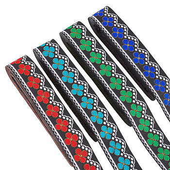 14M 4 Colors Ethnic Style Polyester Ribbon, Jacquard Ribbon, Tyrolean Ribbon, Mixed Color, Flat, Flower Pattern, 1-1/4 inch(33mm), 3.5m/color