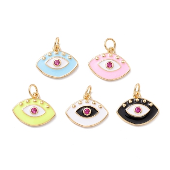 Rack Plating Brass Micro Pave Orchid Cubic Zirconia Pendants, with Enamel , Cadmium Free & Lead Free, Real 18K Gold Plated, Eye, Mixed Color, 13x16x2mm, Jump Ring: 5x0.6mm, Hole: 3.5mm